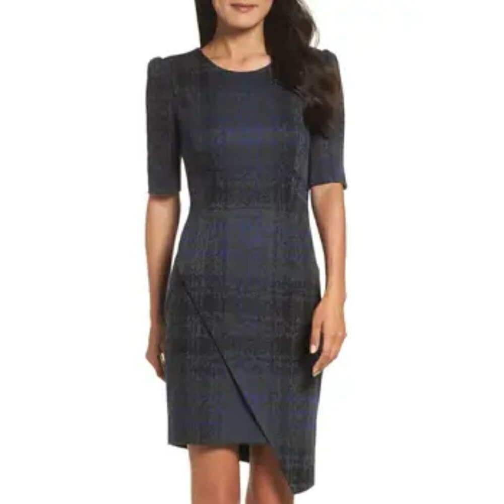 Betsey Johnson asymmetrical hem navy blue gray lined shift dress new 6